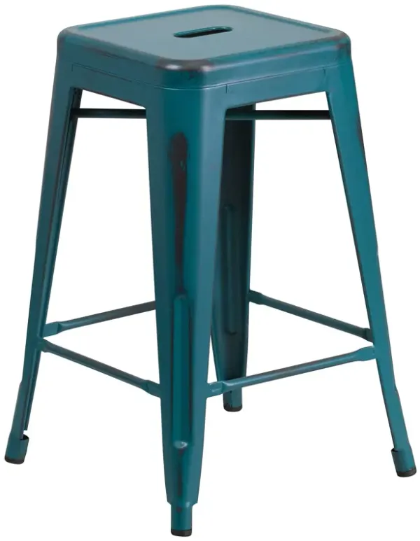 Flash Furniture Commercial Grade 24" High Backless Distressed Kelly Blue-Teal Metal Indoor-Outdoor Counter Height Stool