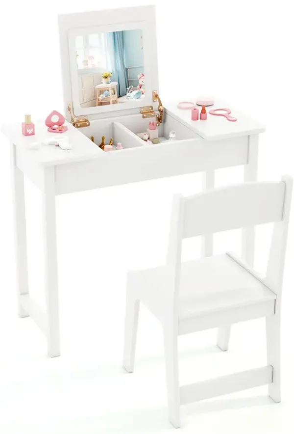 2-in-1 Kids Vanity Makeup Table and Chair Set with Flip Top Mirror