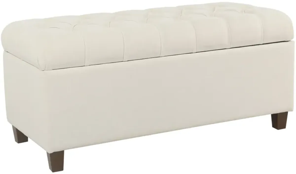 Fabric Upholstered Button Tufted Wooden Bench With Hinged Storage, White and Brown - Benzara