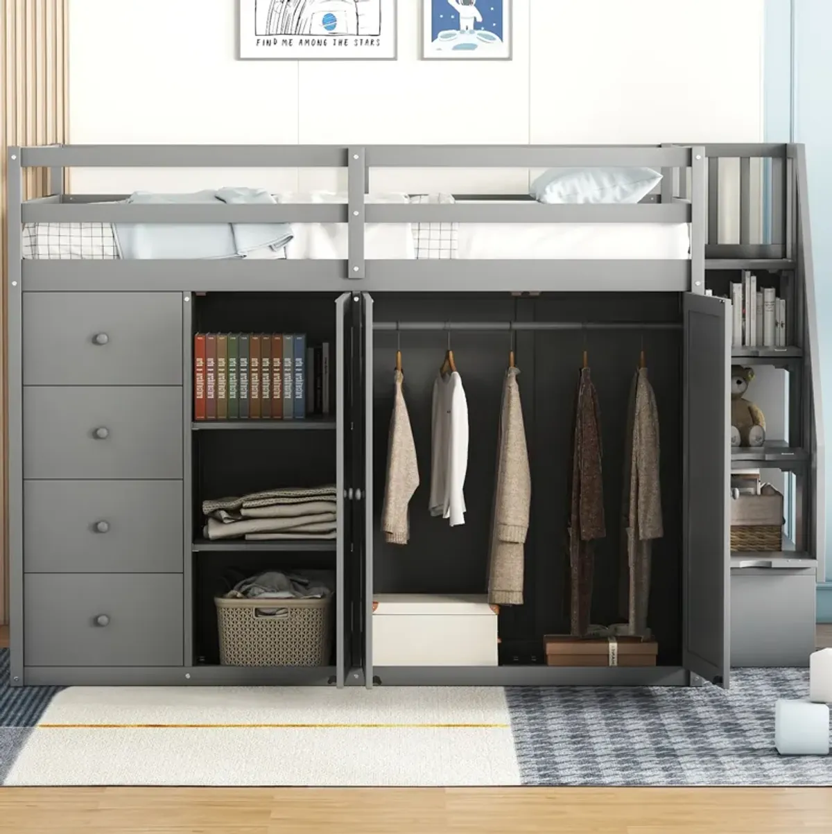 Merax Wood Loft Bed with Built-in Wardrobes