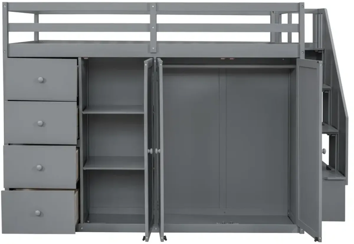 Merax Wood Loft Bed with Built-in Wardrobes