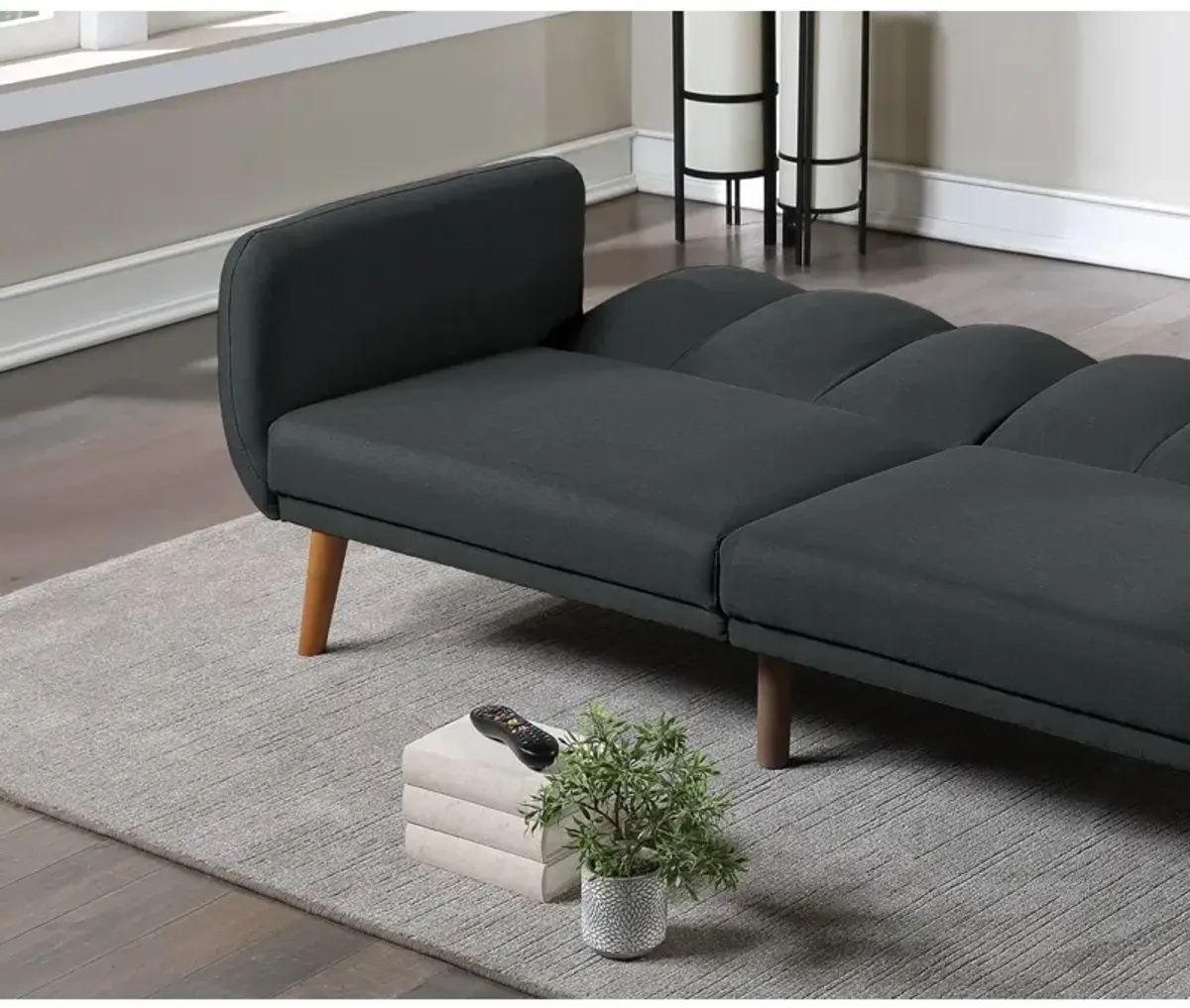 Black Polyfiber Convertible Sofa Bed with Wooden Legs