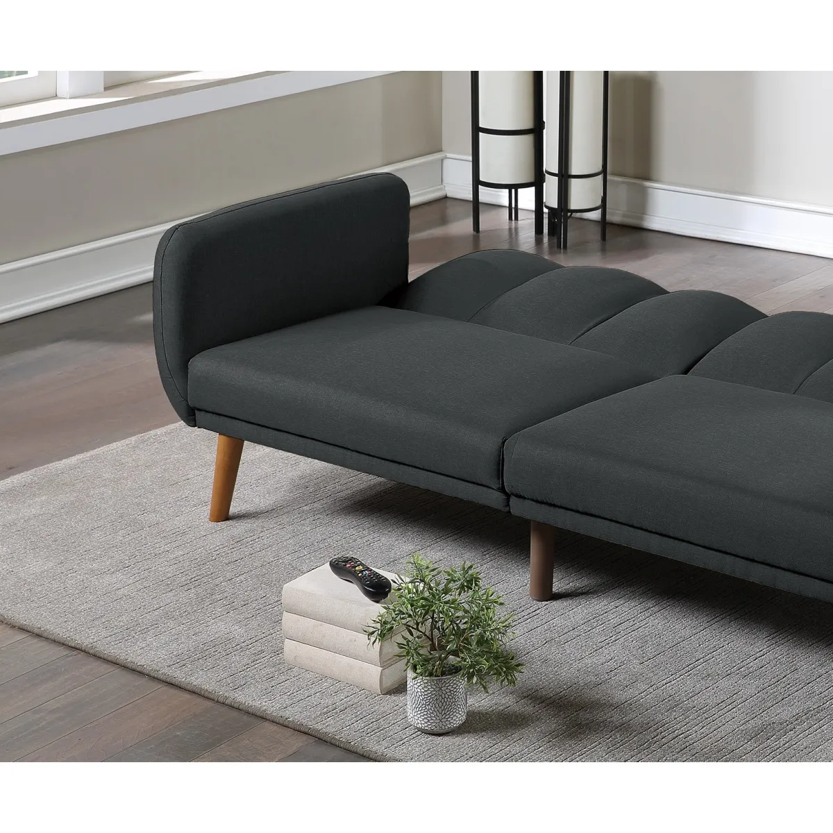 Black Polyfiber Convertible Sofa Bed with Wooden Legs