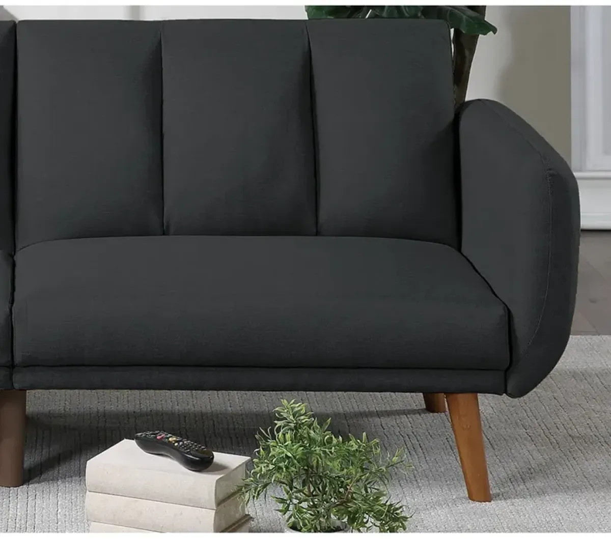 Black Polyfiber Convertible Sofa Bed with Wooden Legs