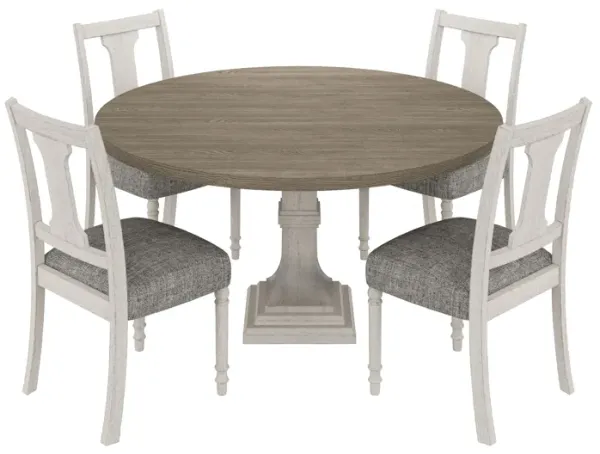 Sane 5pc Dining Table and Chair Set, Fiddleback, Round Top, Gray, White - Benzara