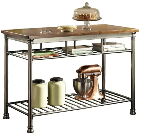 French Provincial Kitchen Island Table – Hardwood Butcher Block with Metal Utility Shelf