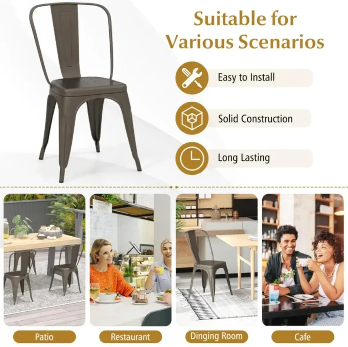 Hivvago 18 Inch Set of 4 Metal Dining Chair with Stackable Design