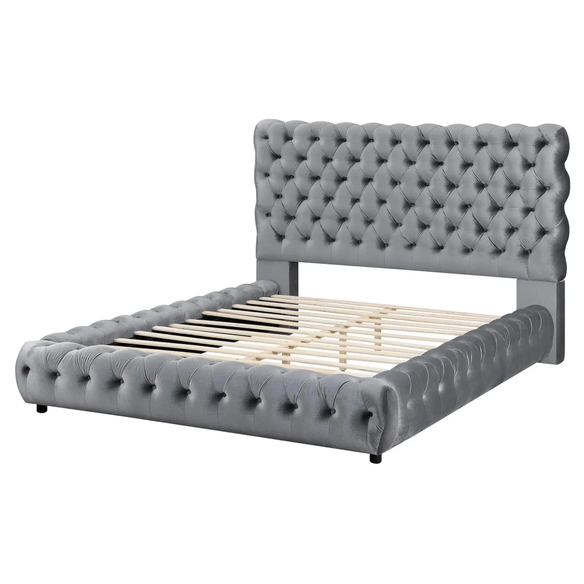 Benjara James Queen Size Bed, Platform Style, Button Tufted Gray Velvet Upholstery