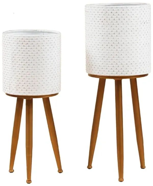 LuxenHome Set of 2 White Dimpled Metal Cachepot Planters with Bronze Metal Legs