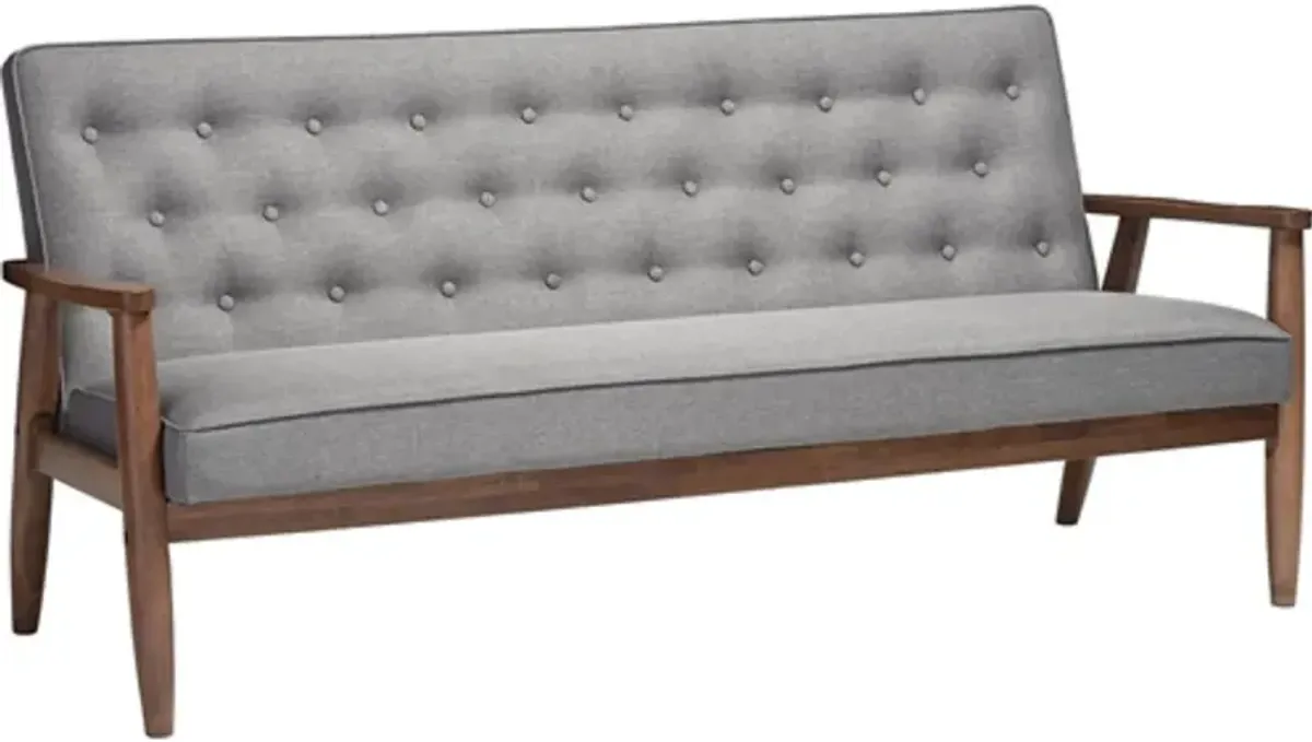 Modern Grey Button Tufted Upholstered Sofa with Dark Walnut Wood Finish Frame