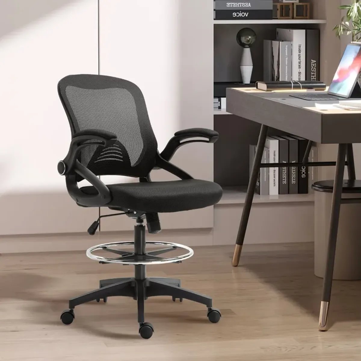 Black Tall Office Chair: Drafting Chair with Lumbar Support and Footrest