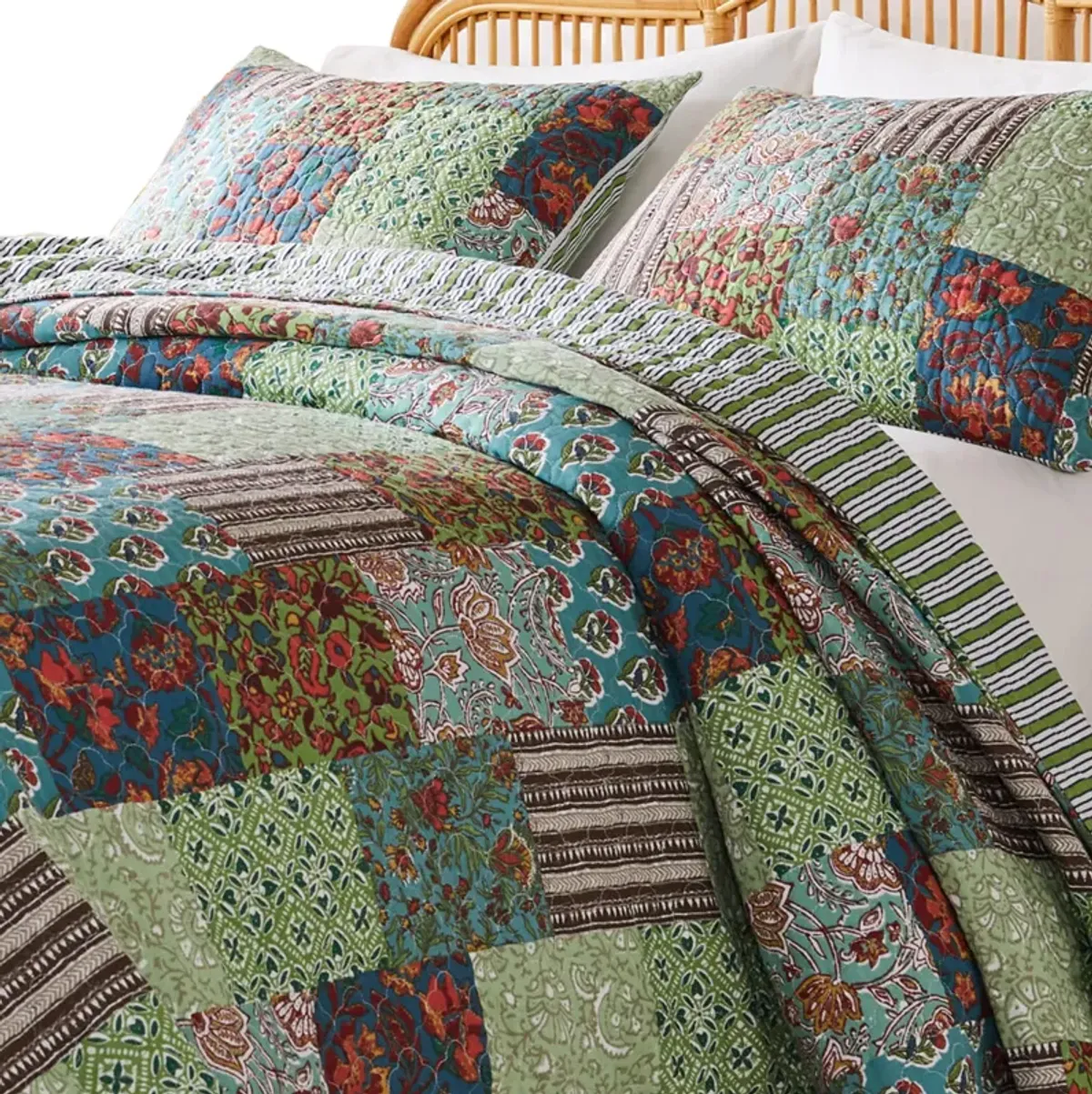 Aby 3pc Full/Queen Quilt Set, Reversible Patchwork, Jade Green Cotton