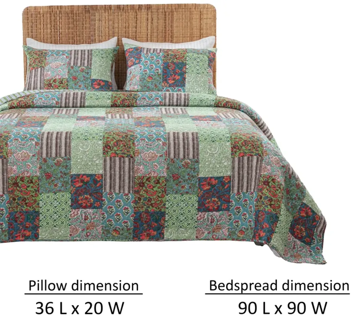 Aby 3pc Full/Queen Quilt Set, Reversible Patchwork, Jade Green Cotton