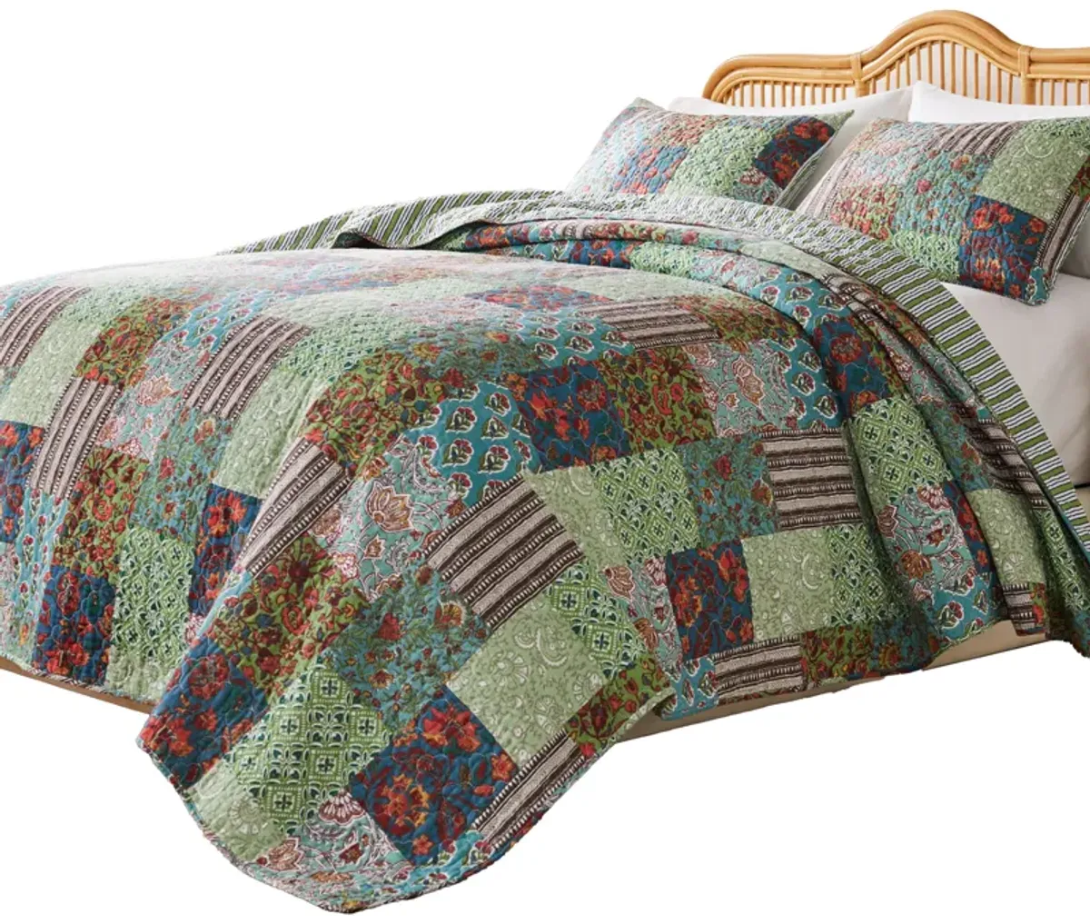 Aby 3pc Full/Queen Quilt Set, Reversible Patchwork, Jade Green Cotton