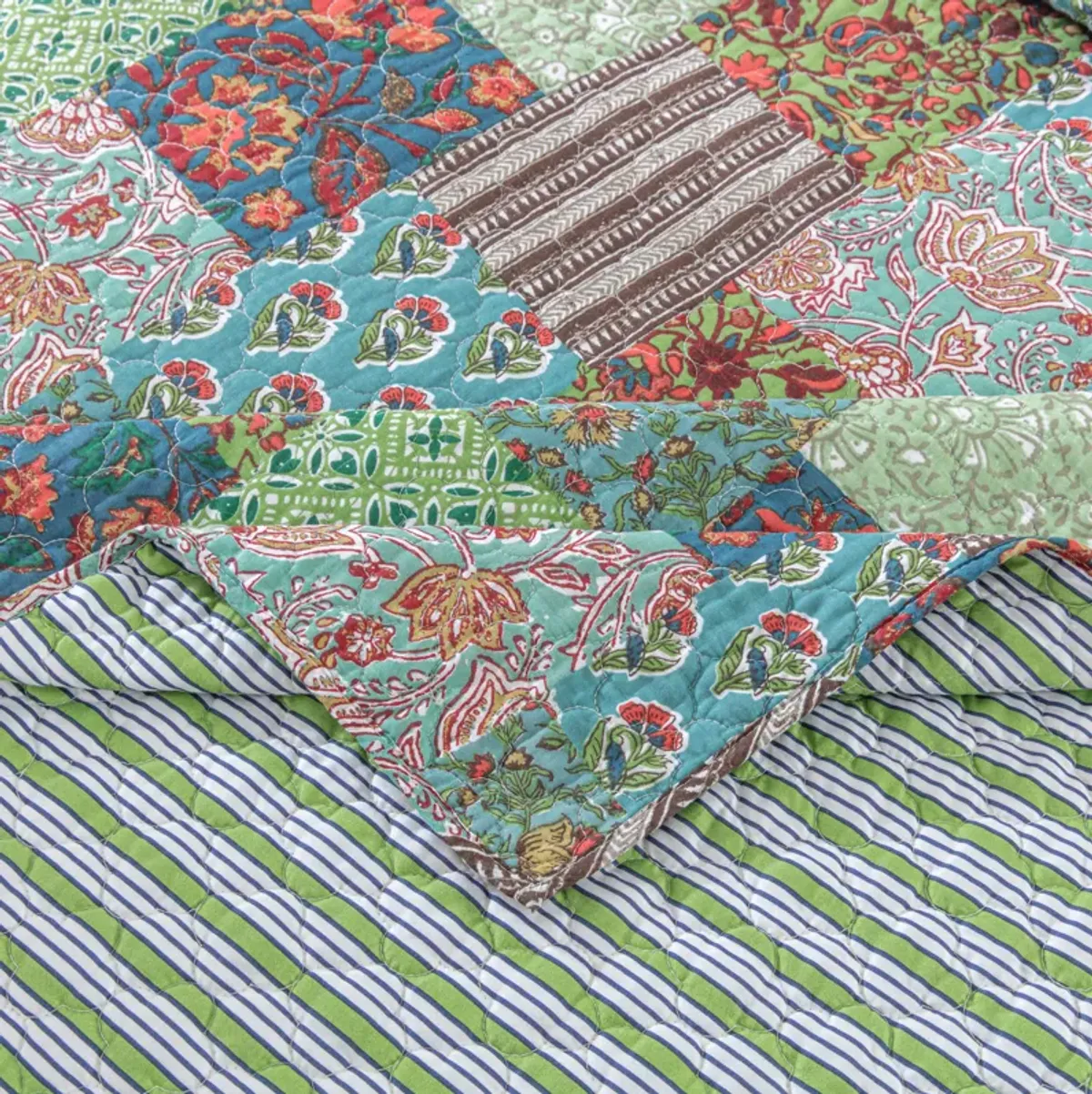 Aby 3pc Full/Queen Quilt Set, Reversible Patchwork, Jade Green Cotton