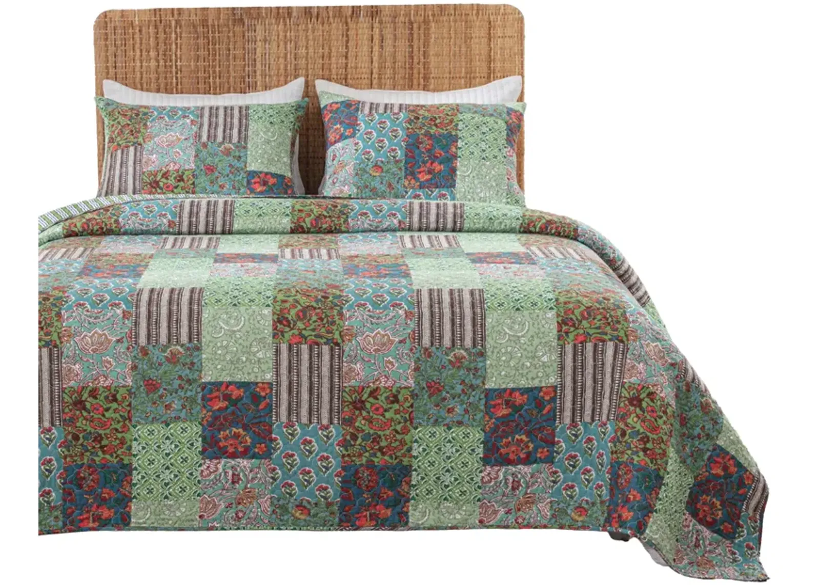 Aby 3pc Full/Queen Quilt Set, Reversible Patchwork, Jade Green Cotton