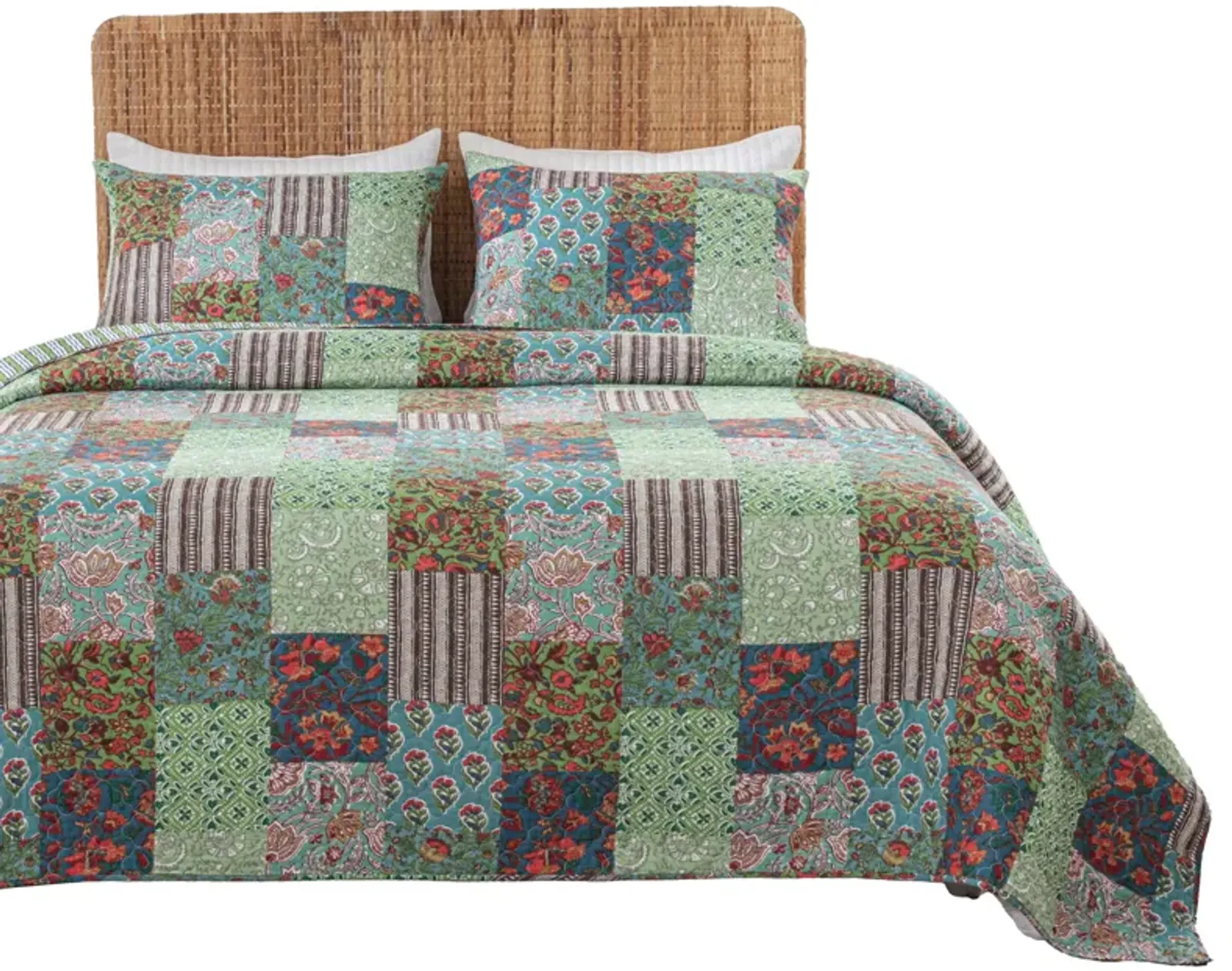 Aby 3pc Full/Queen Quilt Set, Reversible Patchwork, Jade Green Cotton