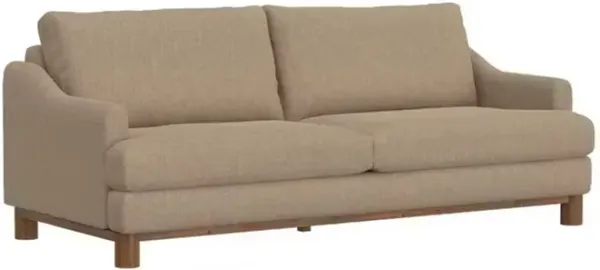 Olum Sofa, 2 Throw Pillows, Modern 85 Inch, Camel Brown Polyester - Benzara