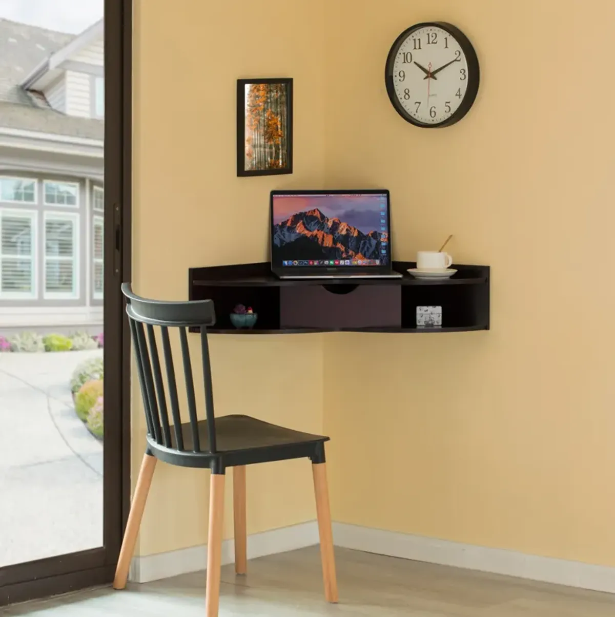 White Corner Desk Heart Shaped Wall Mounted Office Table with Drawer and Two Shelves Computer Writing Desk