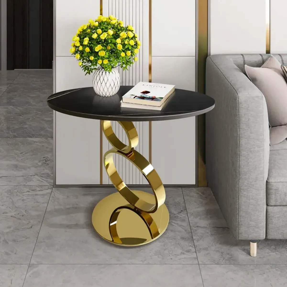 End Table with 12mm sintered stone top and polished stainless steel base