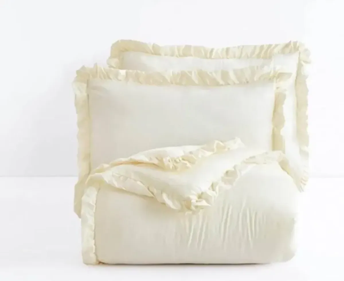 Full Size Ivory Microfiber 3 Piece Comforter Set with Ruffled Edge Trim