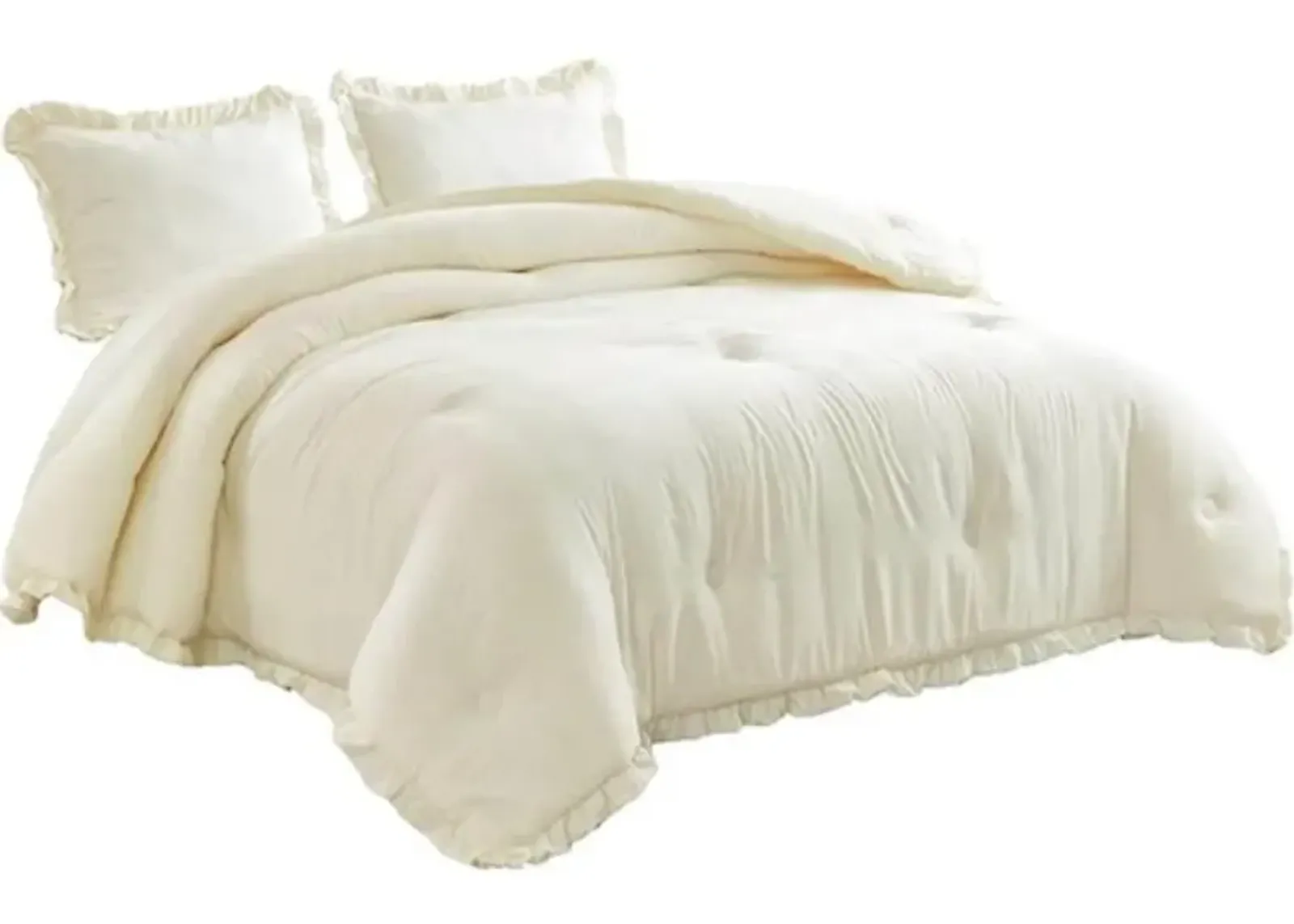 Full Size Ivory Microfiber 3 Piece Comforter Set with Ruffled Edge Trim