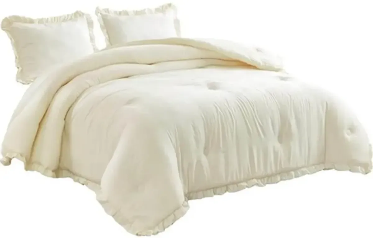 Full Size Ivory Microfiber 3 Piece Comforter Set with Ruffled Edge Trim