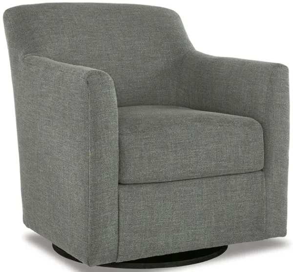 Leena Swivel Accent Chair, Gray Polyester, Shelter Style Arms, Black Wood - Benzara