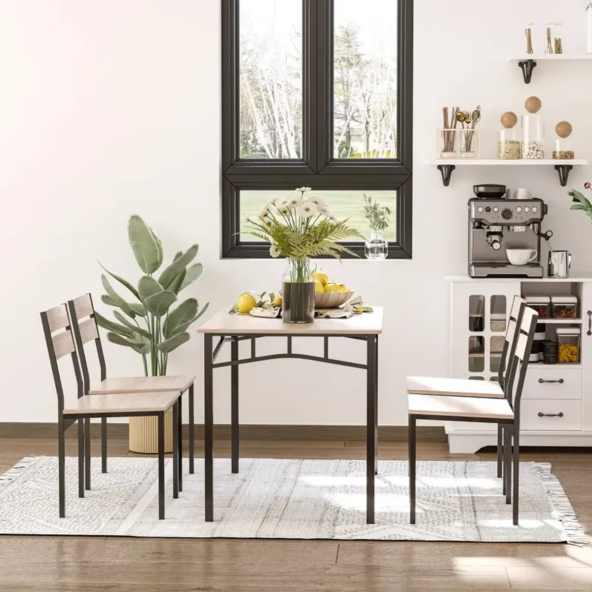 Oak/Black Dining Set: 5-Piece Modern Set with Wood Grain Surface