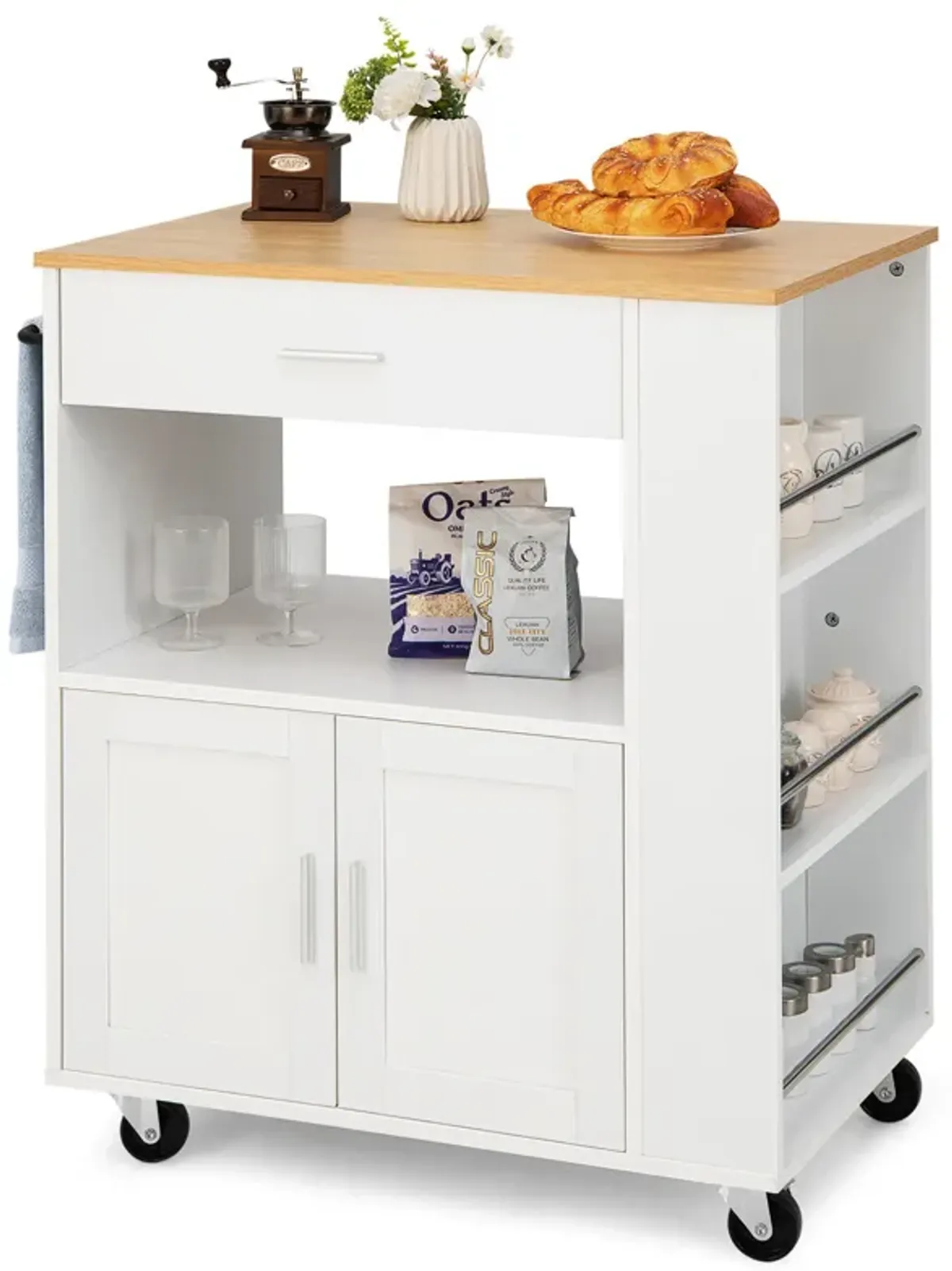 Rolling Kitchen Trolley with 3 Spice Racks Drawer and Open Shelf