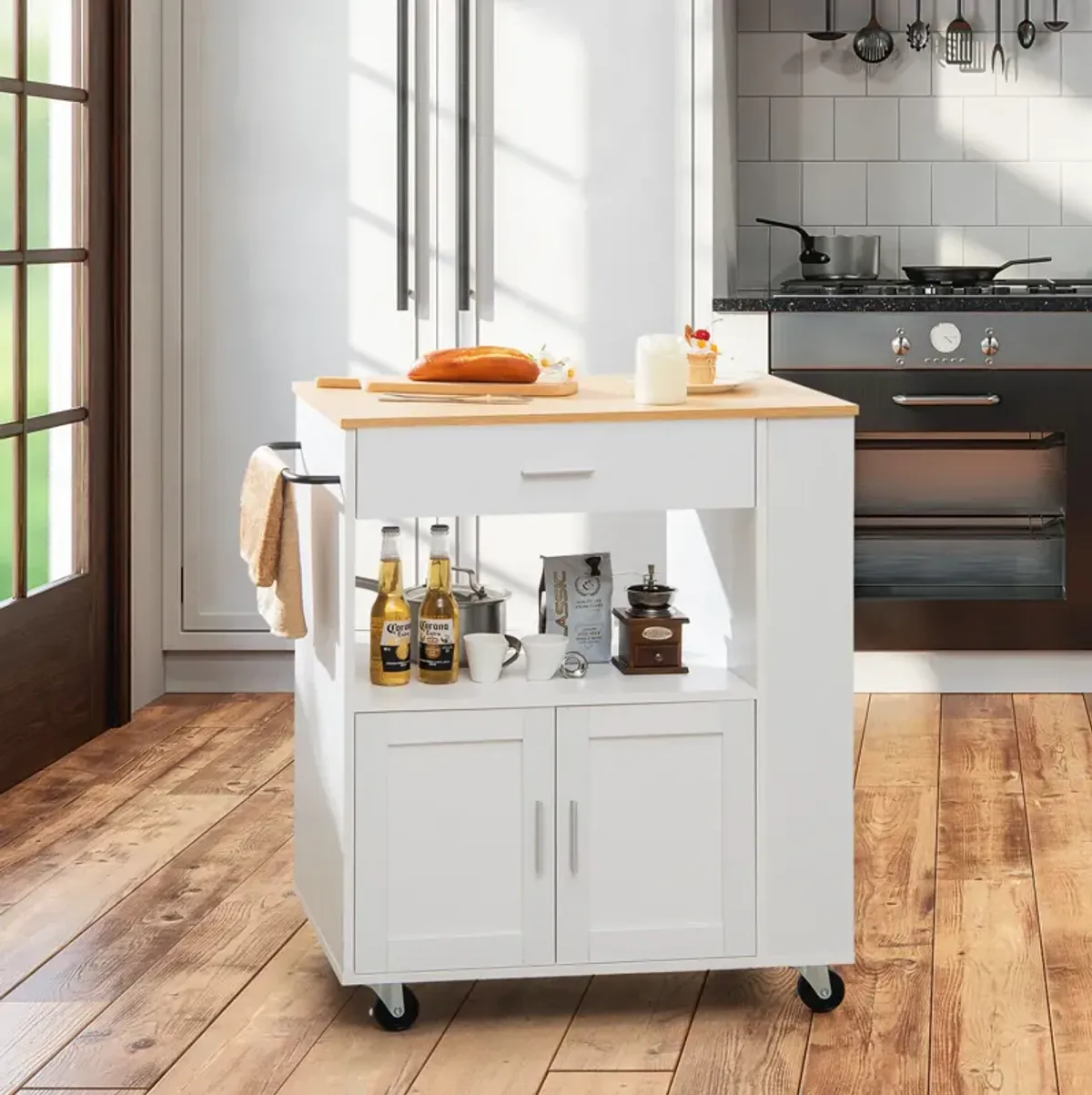 Rolling Kitchen Trolley with 3 Spice Racks Drawer and Open Shelf