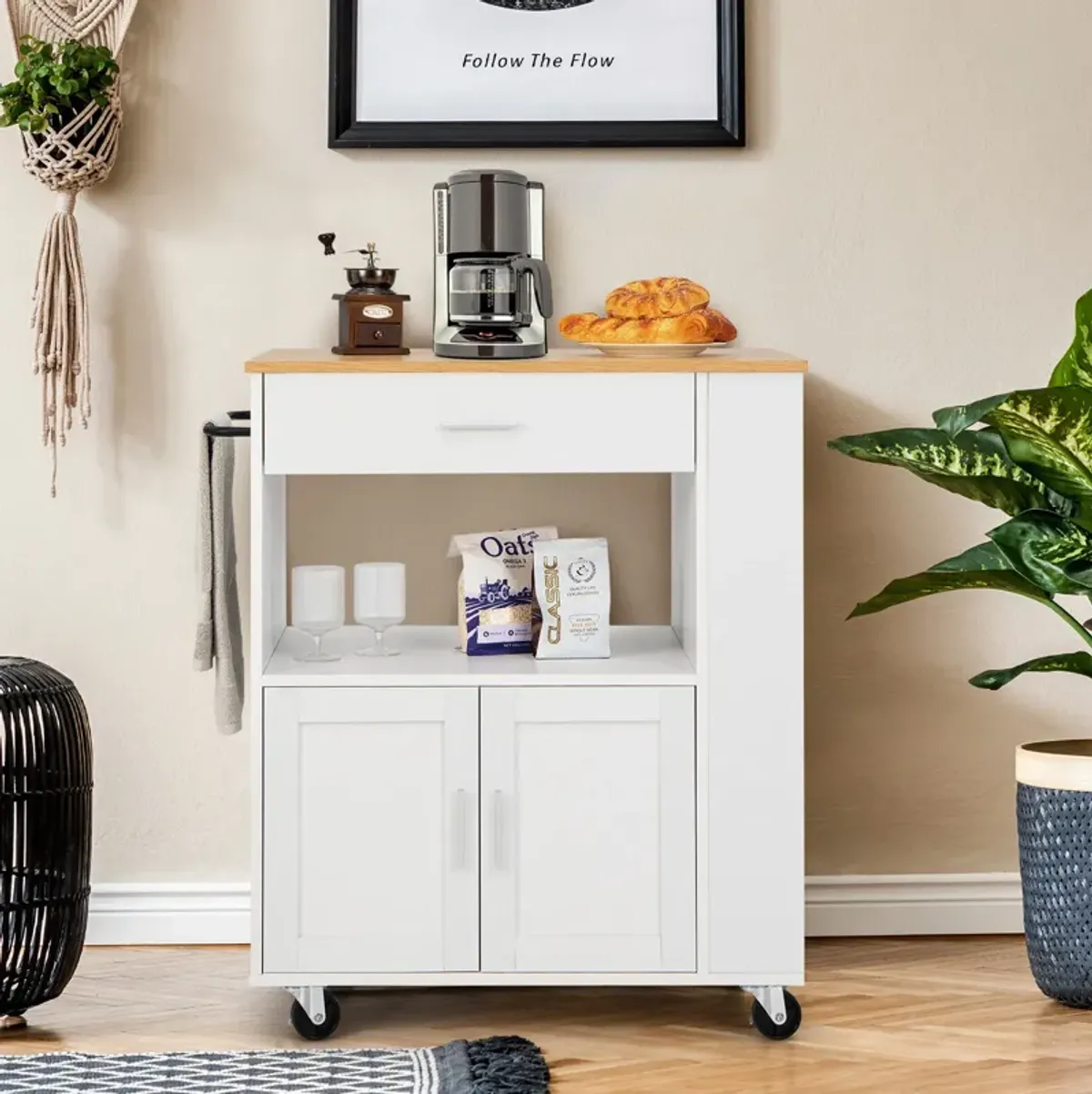 Rolling Kitchen Trolley with 3 Spice Racks Drawer and Open Shelf