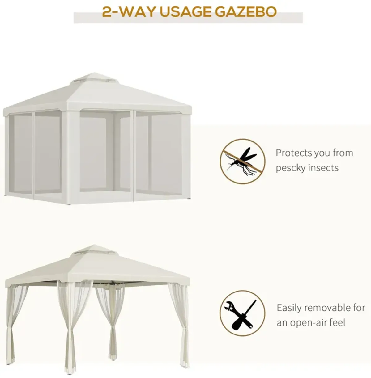 Outsunny 10' x 12' Patio Gazebo Outdoor Canopy Shelter with 2-Tier Roof and Netting, Steel Frame for Garden, Lawn, Backyard and Deck, Cream White