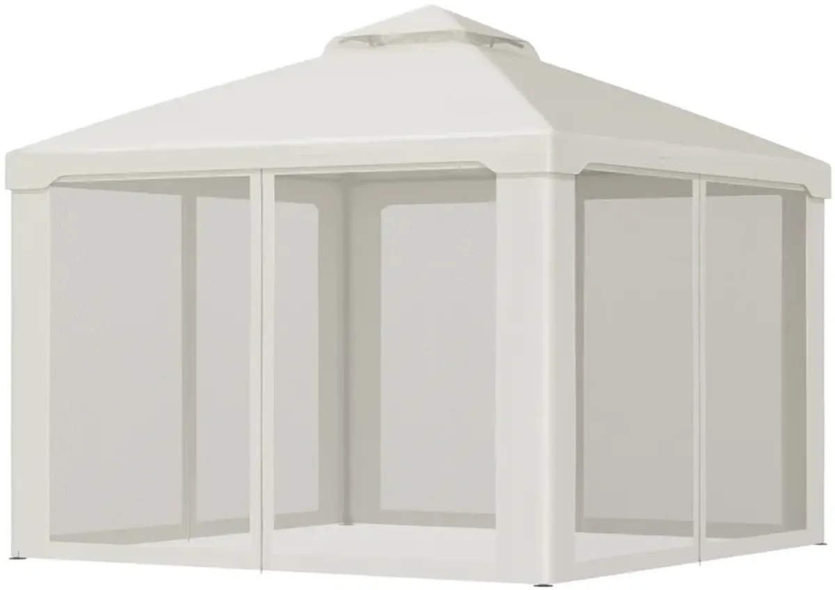 Outsunny 10' x 12' Patio Gazebo Outdoor Canopy Shelter with 2-Tier Roof and Netting, Steel Frame for Garden, Lawn, Backyard and Deck, Cream White