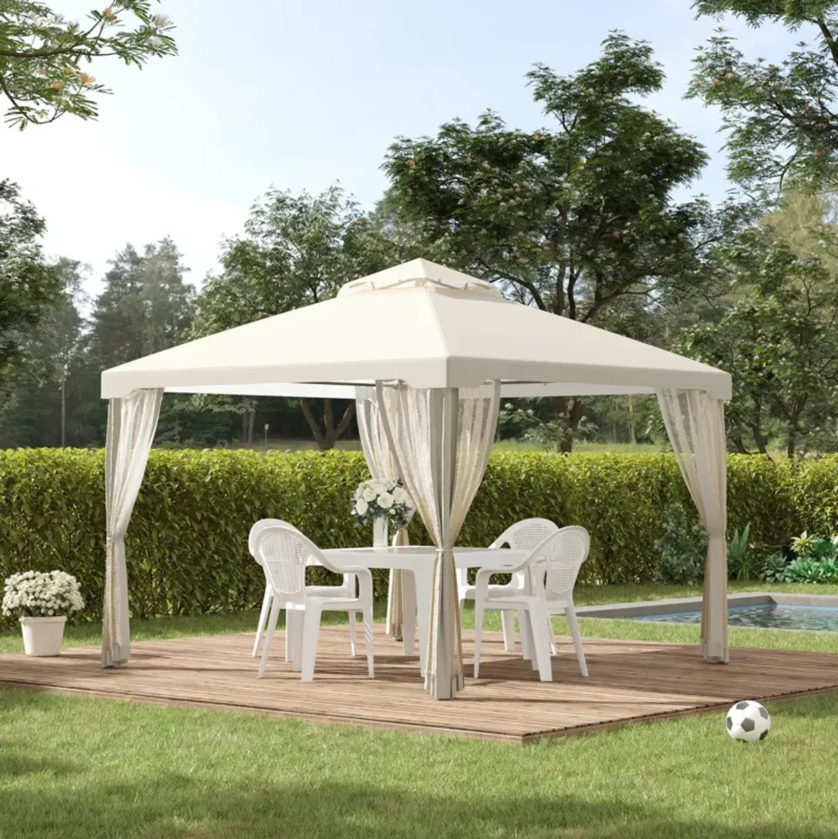 Outsunny 10' x 12' Patio Gazebo Outdoor Canopy Shelter with 2-Tier Roof and Netting, Steel Frame for Garden, Lawn, Backyard and Deck, Cream White