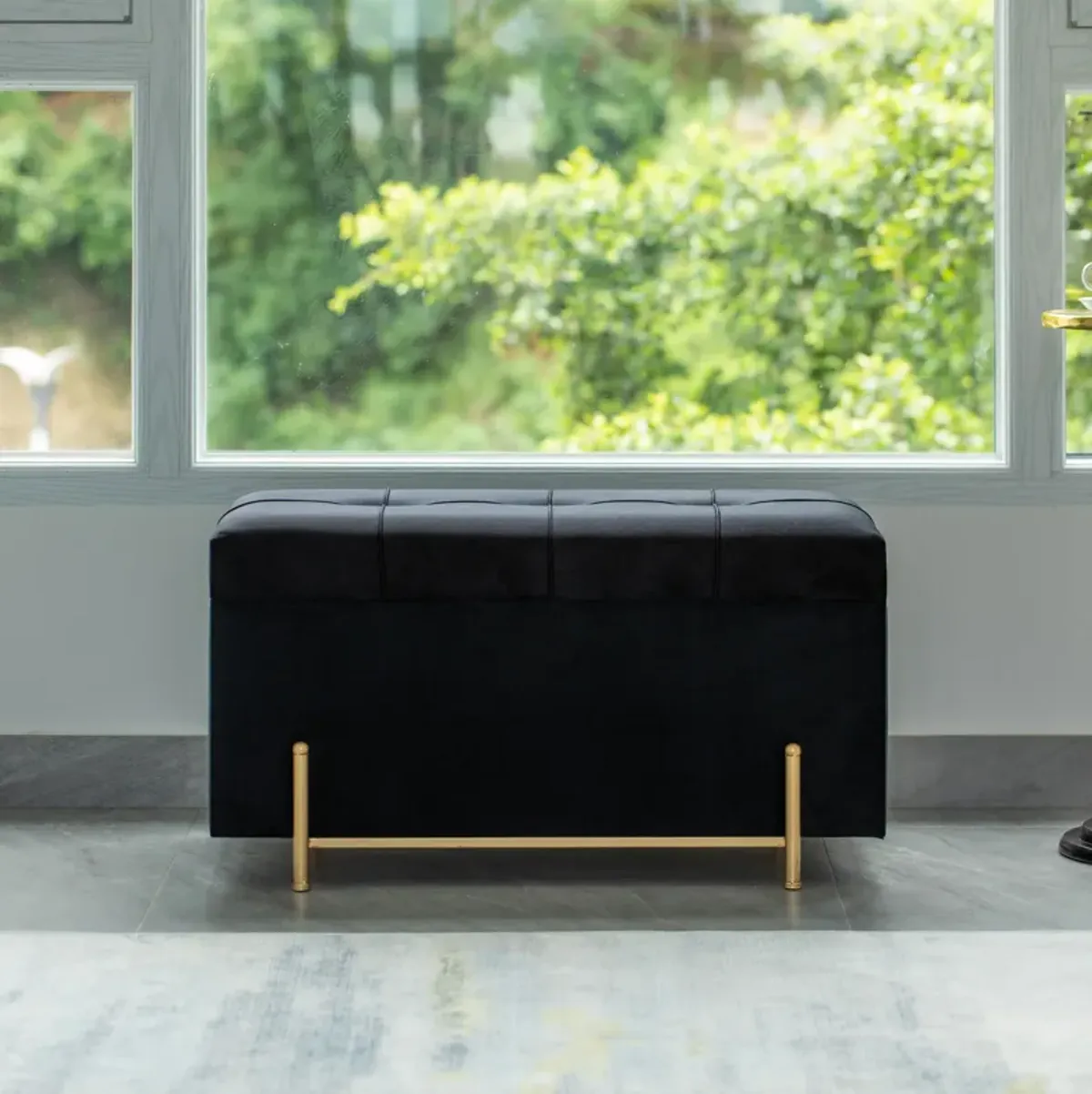 Large Rectangle Velvet Storage Ottoman Stool Box with Golden Legs | Decorative Sitting Bench for Living Room Home Decor with Cylindrical Golden Support (Black)