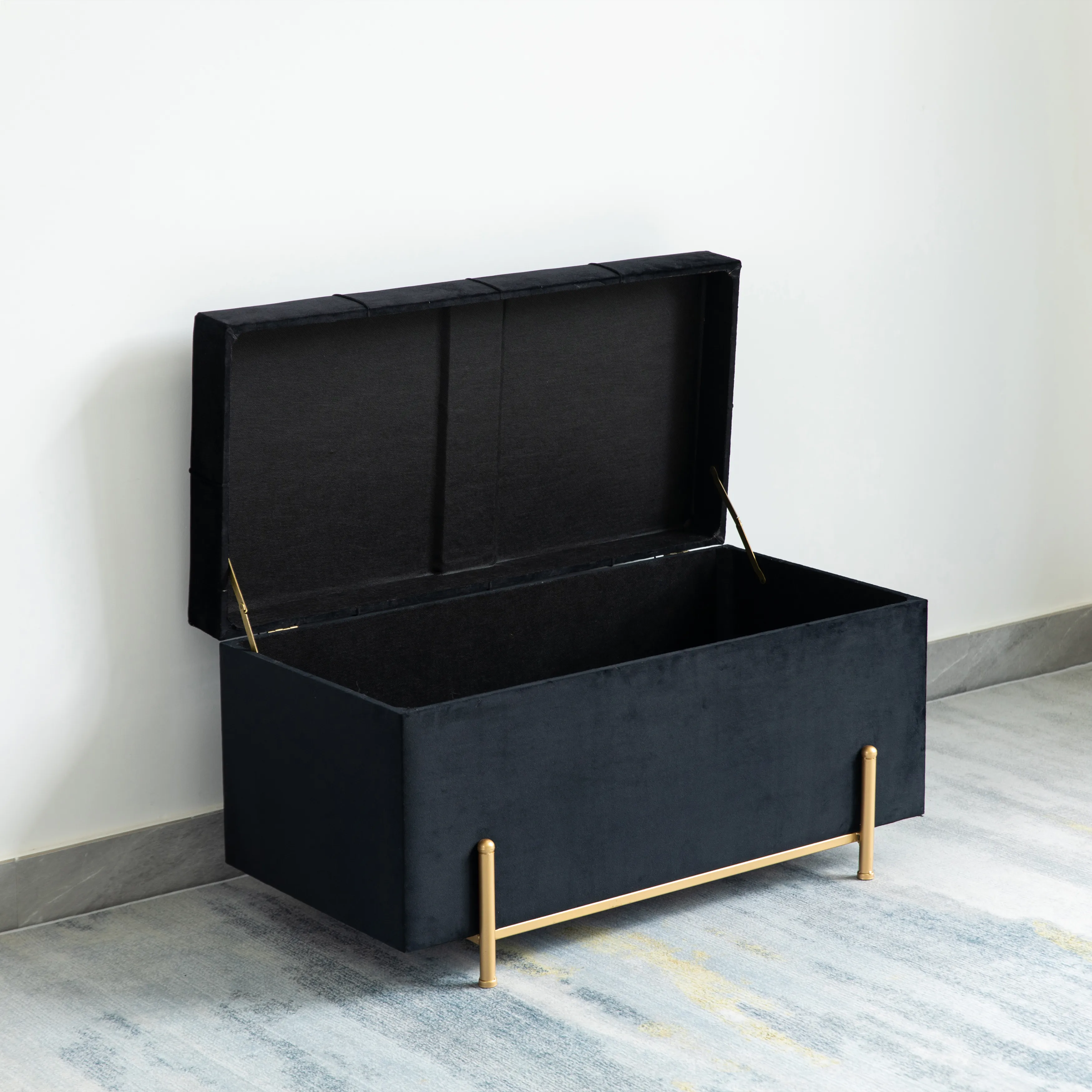 Large Rectangle Velvet Storage Ottoman Stool Box with Golden Legs | Decorative Sitting Bench for Living Room Home Decor with Cylindrical Golden Support (Black)