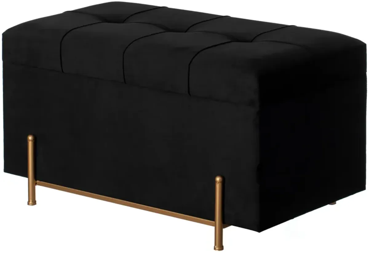 Large Rectangle Velvet Storage Ottoman Stool Box with Golden Legs | Decorative Sitting Bench for Living Room Home Decor with Cylindrical Golden Support (Black)