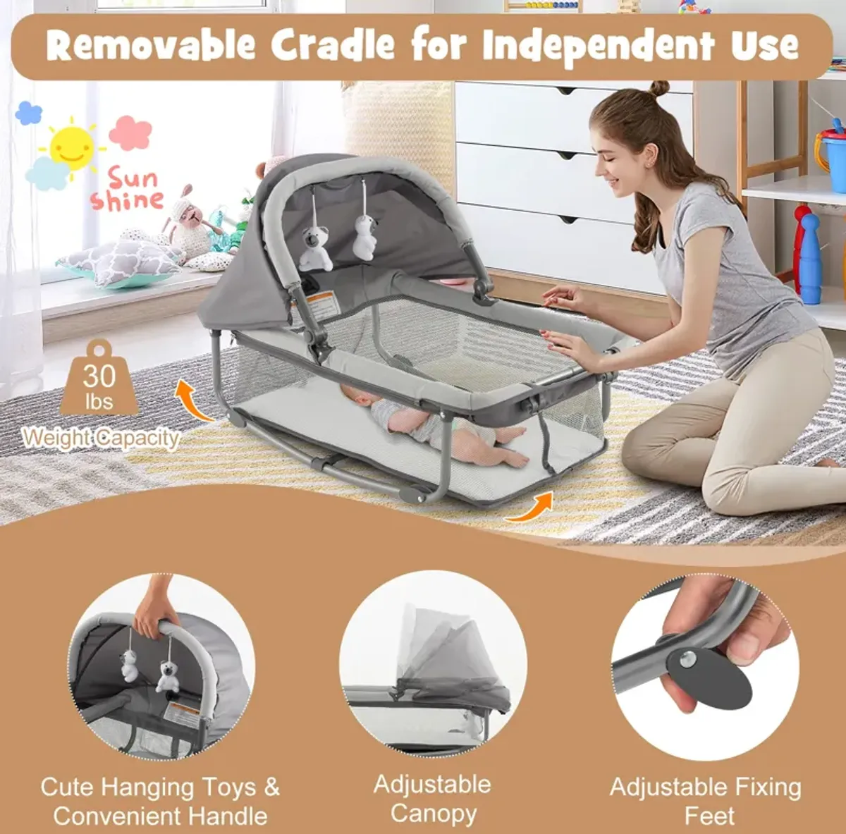 5-in-1 Portable Baby Playard with Cradle and Storage Basket-Gray