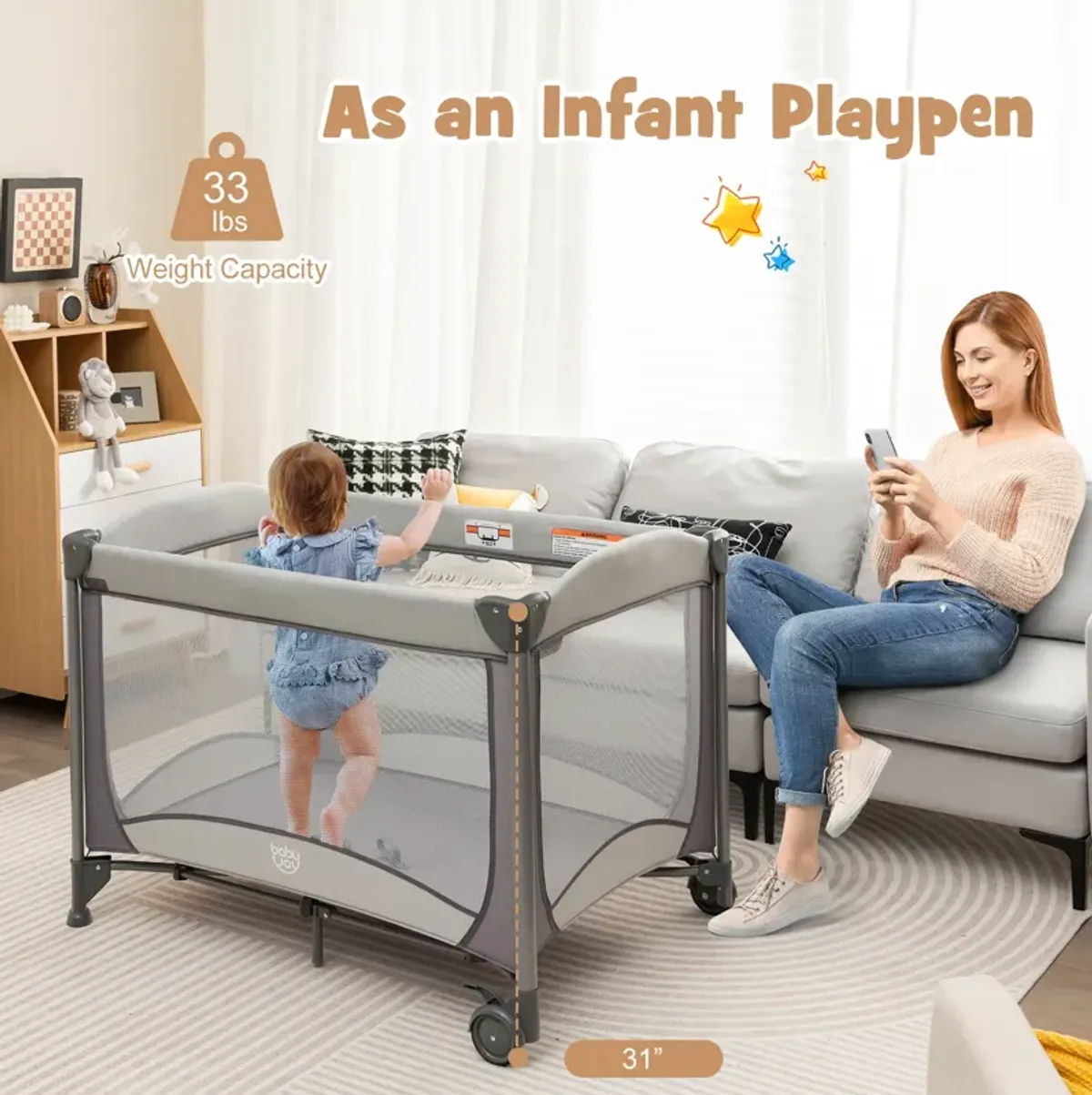 5-in-1 Portable Baby Playard with Cradle and Storage Basket-Gray