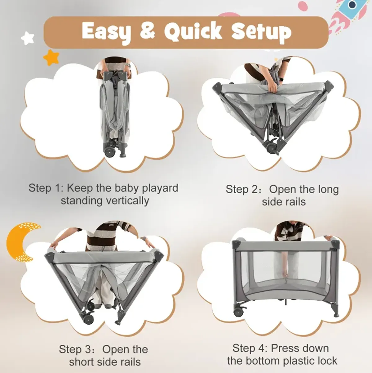 5-in-1 Portable Baby Playard with Cradle and Storage Basket-Gray