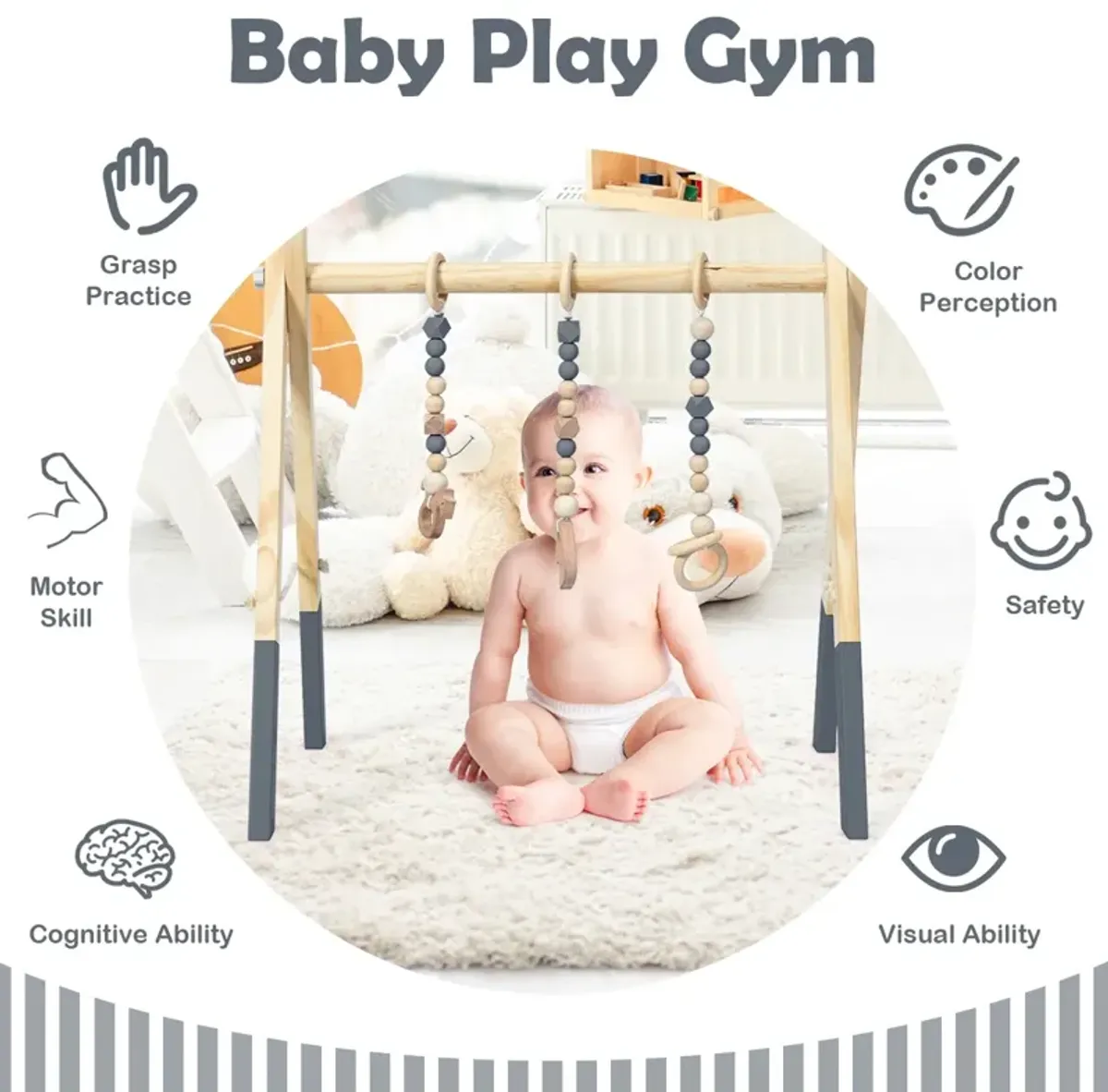 Portable 3 Wooden Newborn Baby Exercise Activity Gym Teething Toys Hanging Bar