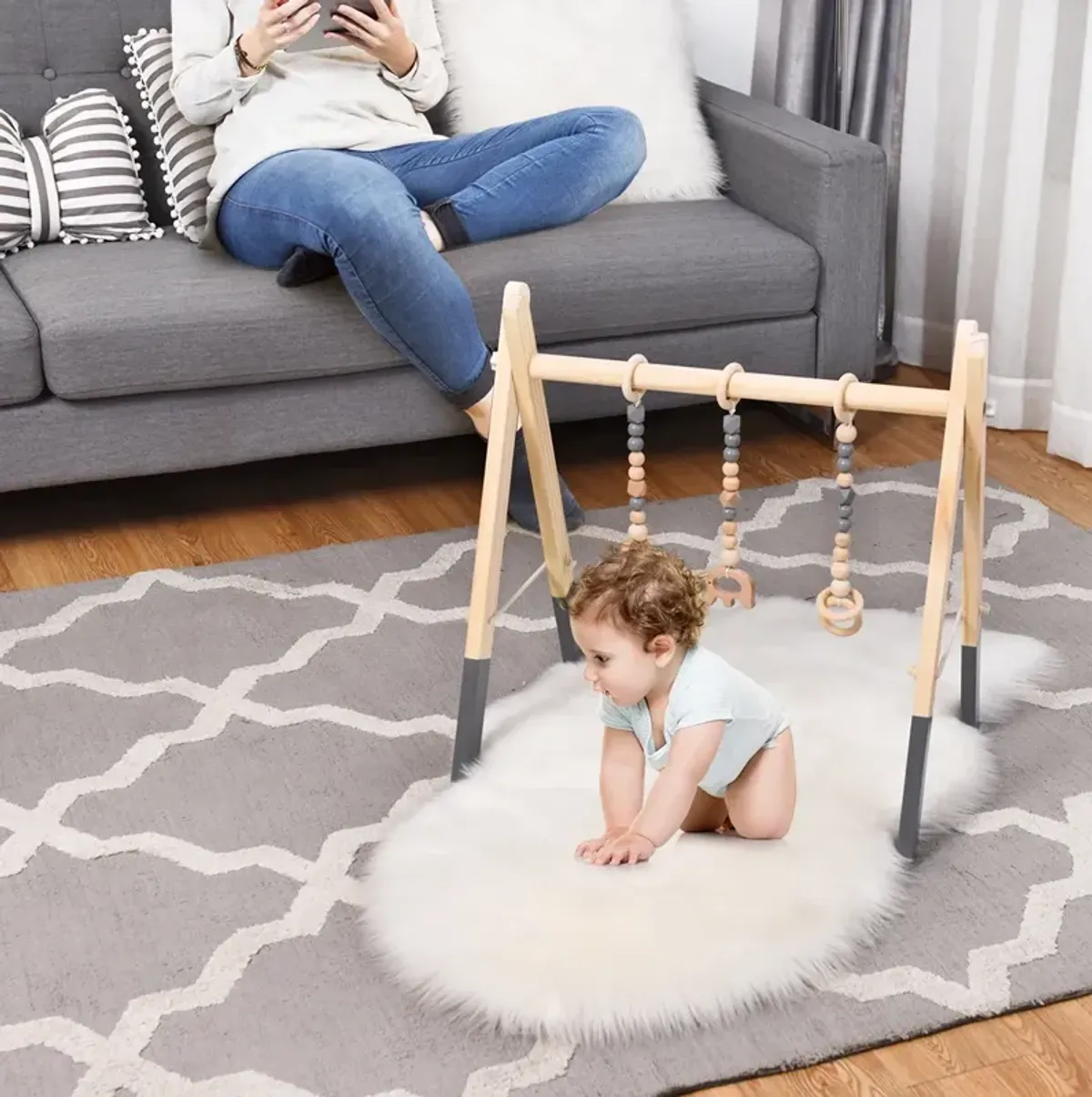 Portable 3 Wooden Newborn Baby Exercise Activity Gym Teething Toys Hanging Bar