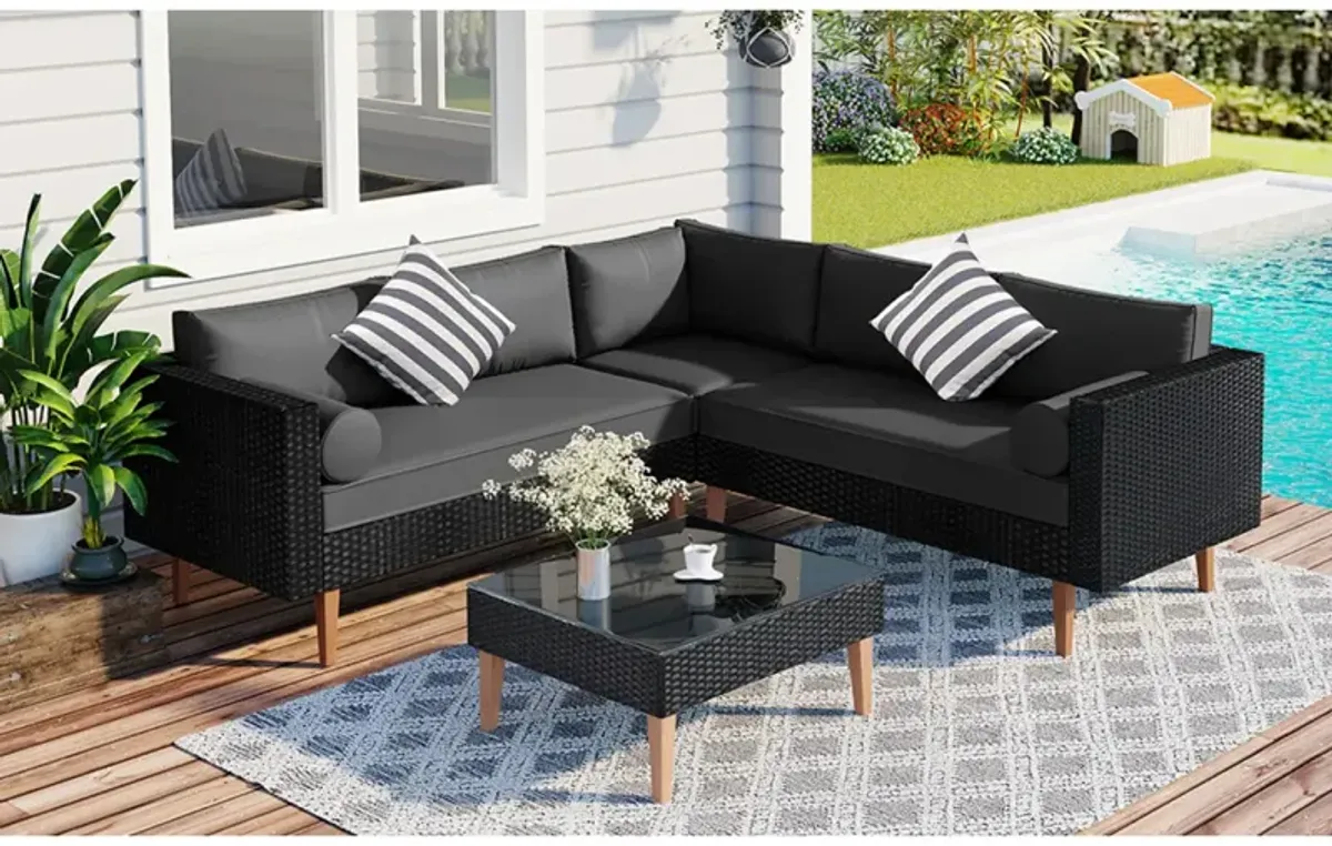 4-Pieces Outdoor Wicker Sofa Set, Patio Furniture Withful Pillows, L-Shape Sofa Set