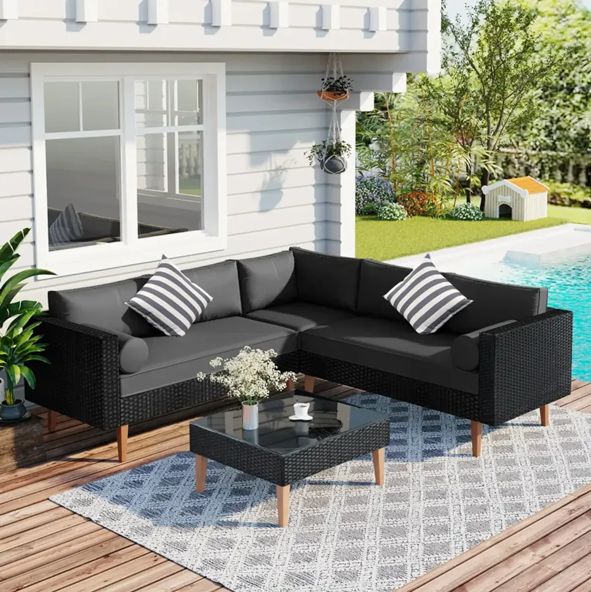 4-Pieces Outdoor Wicker Sofa Set, Patio Furniture Withful Pillows, L-Shape Sofa Set