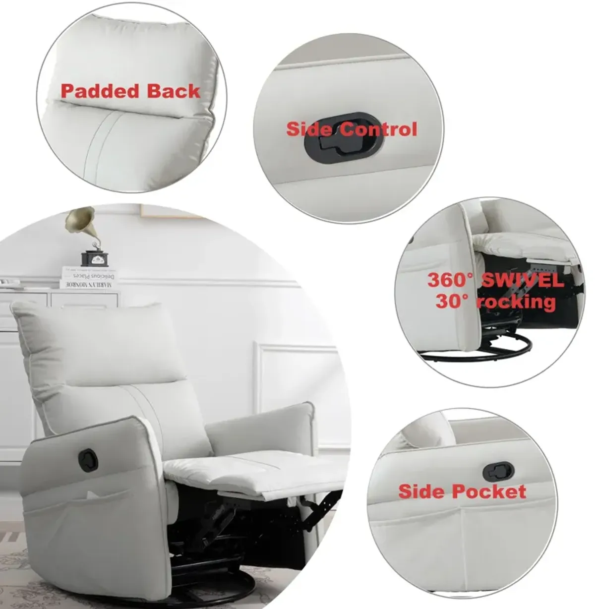 Mondawe 360 ° Swivel Nursery Rocking Swivel Recliner Chair, Glider Chair with Side Pocket