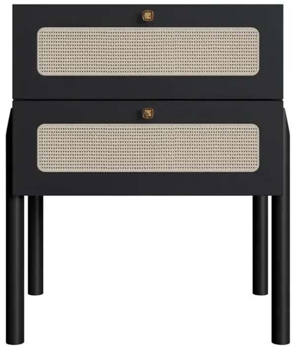 Boho Nightstand  End Table Storage Wood Leg Rattan 2 Drawer -Nero Black