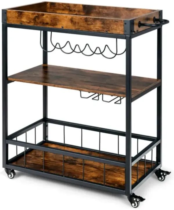 Hivvago 3-Tier Rolling Kitchen Bar Cart with Wine Rack-Rustic Brown