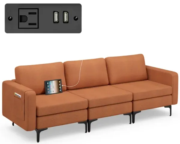 Convertible 3-Seat Sofa Couch with Magazine Pockets and 2 USB Ports for Modern Living Room