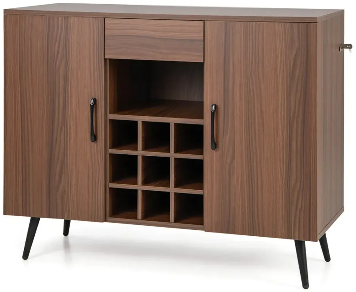 Mid-century Modern Buffet Sideboard Server Cabinet with 9-Bottle Wine Rack-Walnut